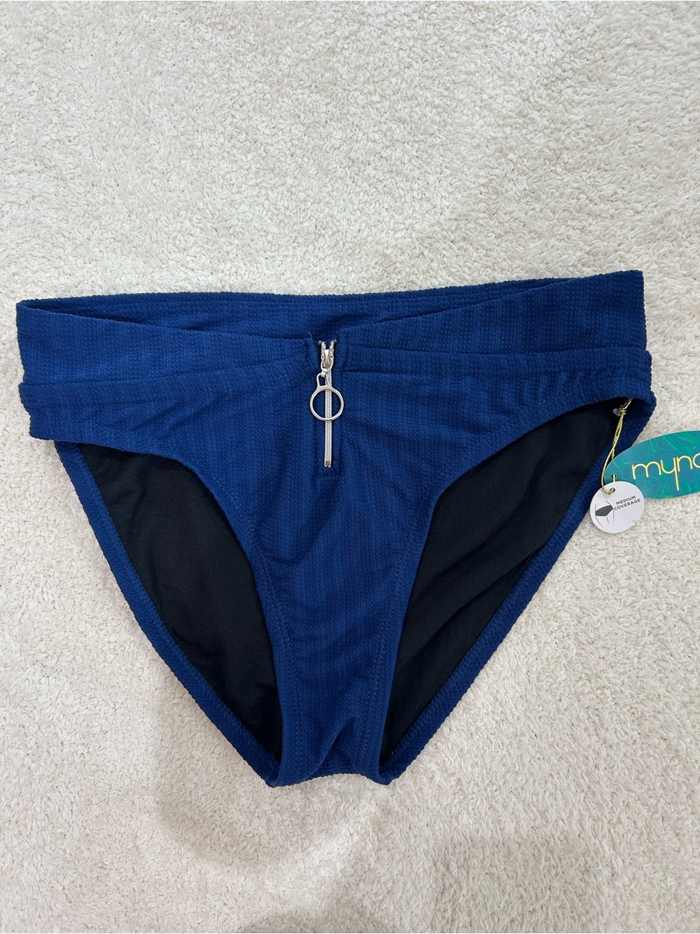 NWT Mynah Navy Blue Textured Zipper Bikini Swim Bottoms Medium Coverage Size M